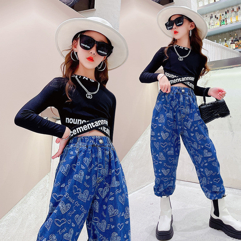 Girls’ Suit Western Style Big Kids Autumn Loose Jeans Big Kids Long-sleeved Bottoming Shirt