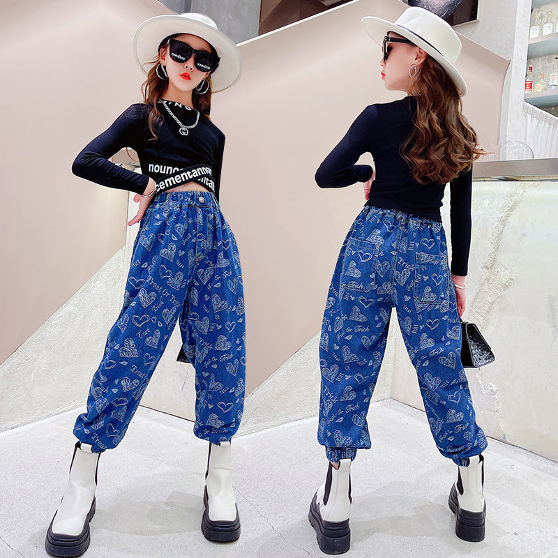 Girls’ Suit Western Style Big Kids Autumn Loose Jeans Big Kids Long-sleeved Bottoming Shirt - Black suit / 120cm