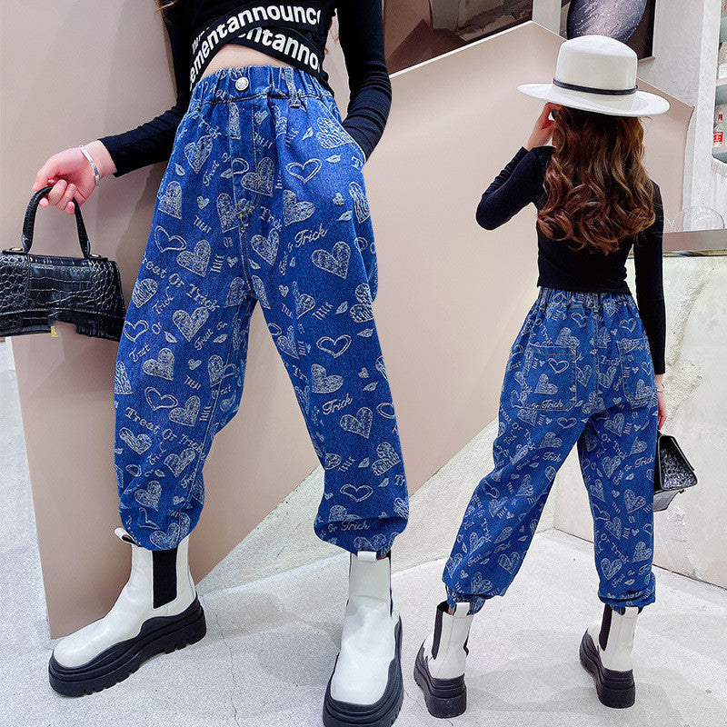 Girls’ Suit Western Style Big Kids Autumn Loose Jeans Big Kids Long-sleeved Bottoming Shirt - Blue jeans / 120cm