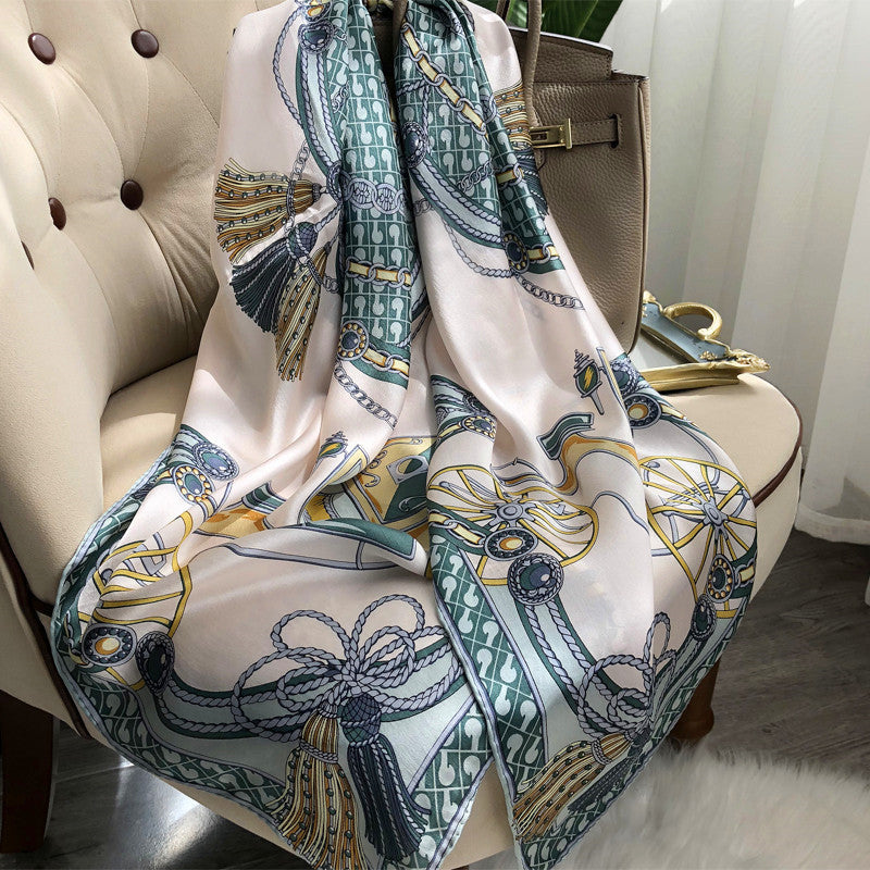 Western Style Stitching Silk Scarf All-match Satin Shawl Dual-use - Bean green diagonal carriage