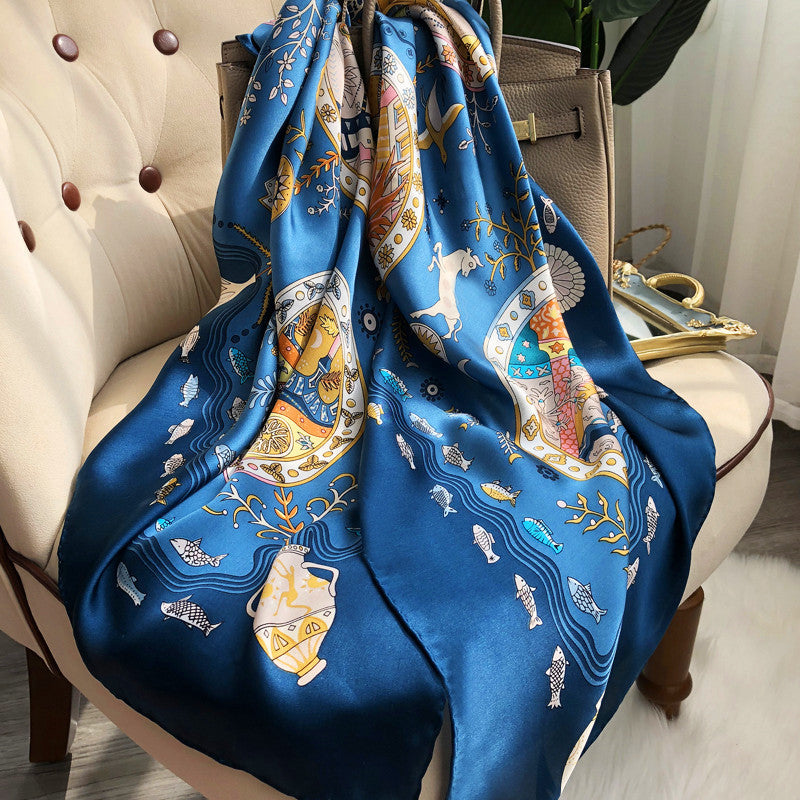 Western Style Stitching Silk Scarf All-match Satin Shawl Dual-use - Underwater world blue