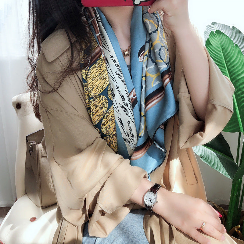 Western Style Stitching Silk Scarf All-match Satin Shawl Dual-use