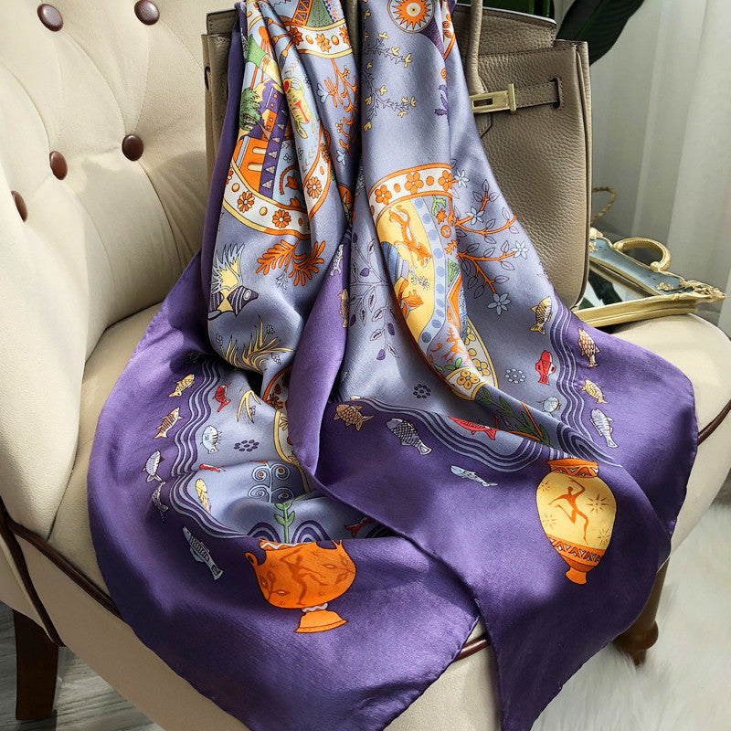 Western Style Stitching Silk Scarf All-match Satin Shawl Dual-use - Underwater world purple