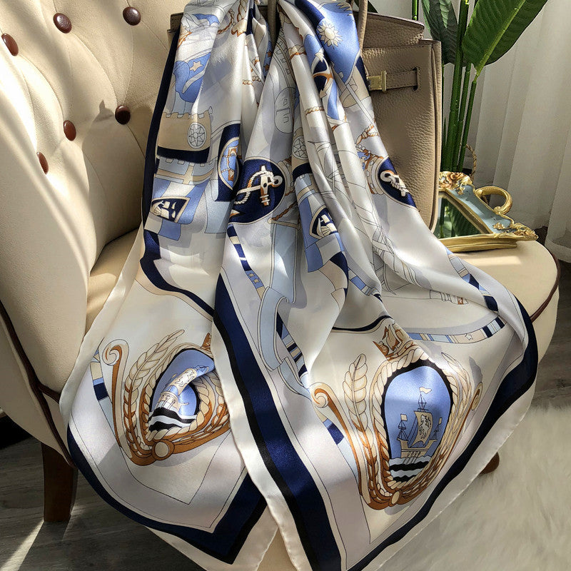 Western Style Stitching Silk Scarf All-match Satin Shawl Dual-use - Nautical white