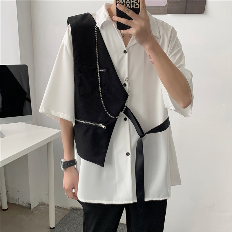 White Design Shirt Men’s Vest Stitching Personality Contrast Color