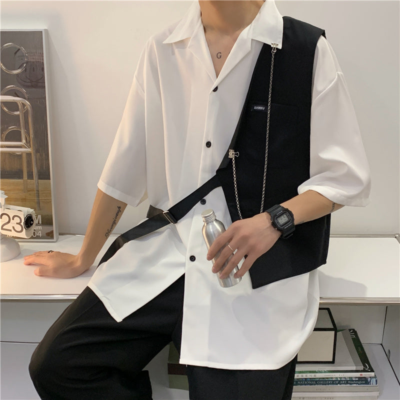 White Design Shirt Men’s Vest Stitching Personality Contrast Color