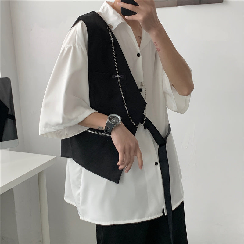 White Design Shirt Men’s Vest Stitching Personality Contrast Color - White / M