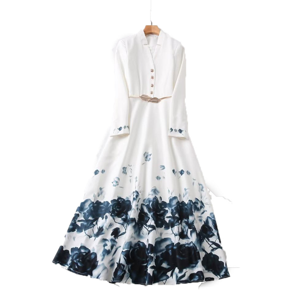 White Ink Wash Print Big Swing V-neck Long Sleeve Dress - White / S