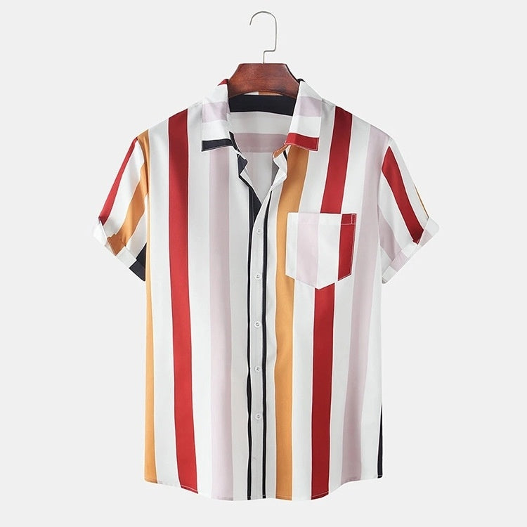 Striped Short Sleeve Pattern Men’s Shirt - White / M