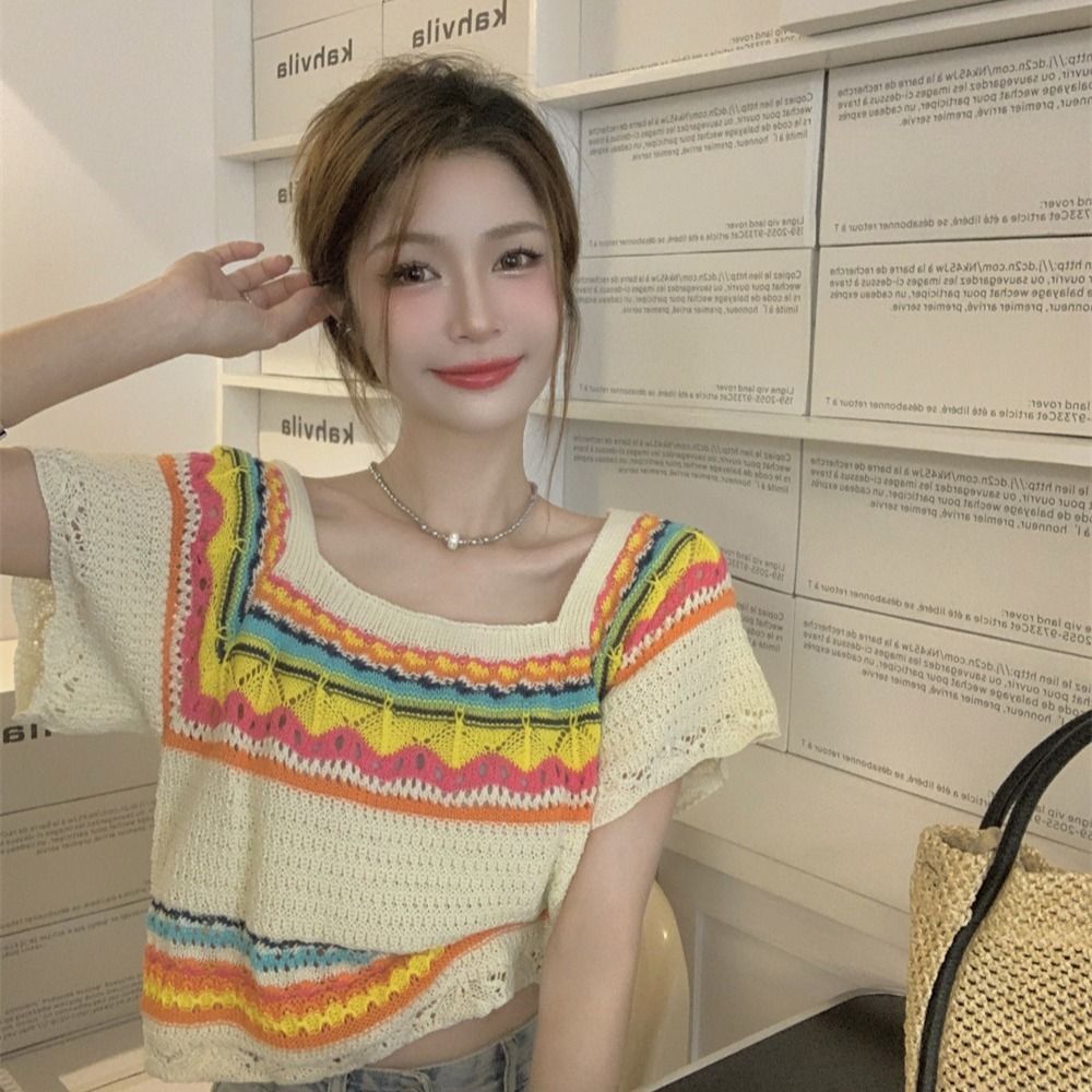 Summer Slim Chic Contrast Color Stripes Square Collar Short Sleeve - White / S