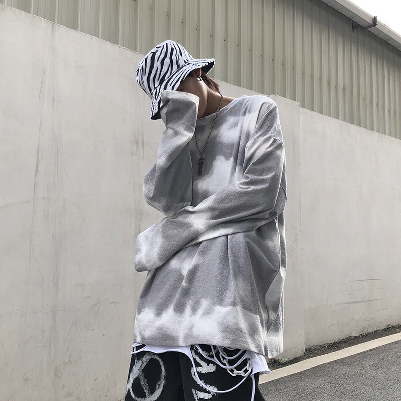 Men’s Retro Tie-Dye Hip-Hop Crew Neck Sweater - Light grey / S