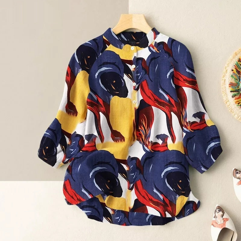 Women’s Casual Loose Printed Shirt - Blue Flower / S