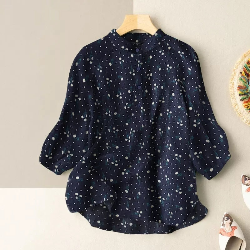 Women’s Casual Loose Printed Shirt - Cotton And Linen Blue 1 / S