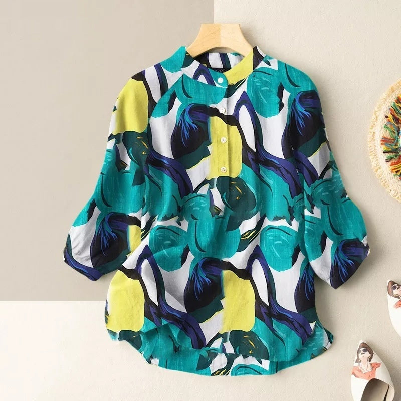 Women’s Casual Loose Printed Shirt - Green Flower / S