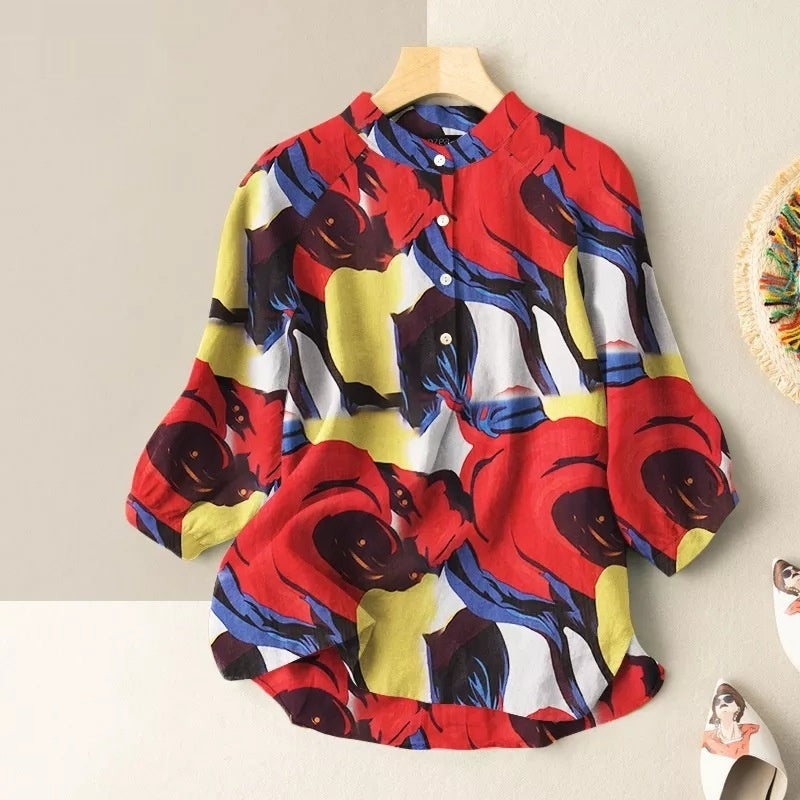 Women’s Casual Loose Printed Shirt - Red Flower / S
