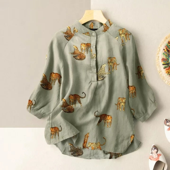 Women’s Casual Loose Printed Shirt - Tiger Green / S