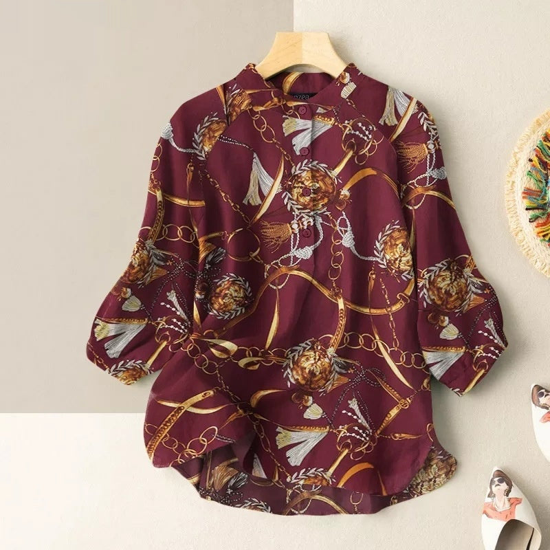 Women’s Casual Loose Printed Shirt - Wine Red / S
