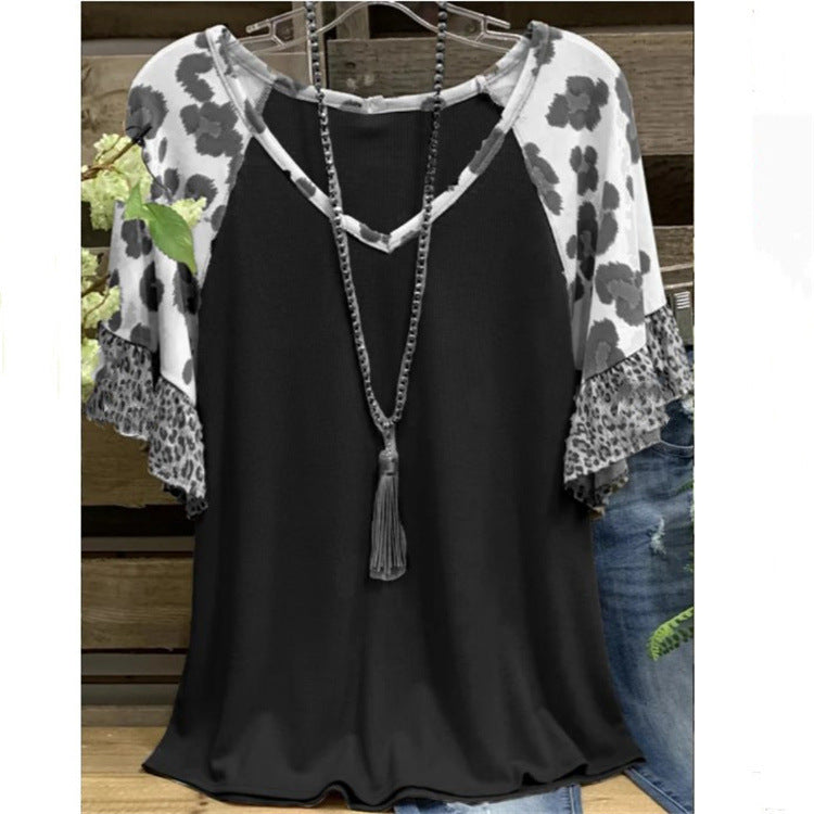 Waffle V-neck Leopard Print Stitching Casual Half Sleeve T-shirt Top - Black / S