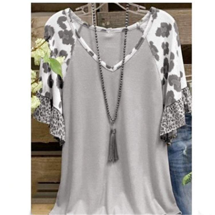 Waffle V-neck Leopard Print Stitching Casual Half Sleeve T-shirt Top - Gray / S