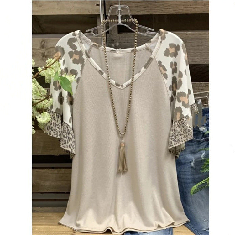 Waffle V-neck Leopard Print Stitching Casual Half Sleeve T-shirt Top - Khaki / S