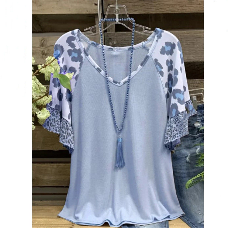 Waffle V-neck Leopard Print Stitching Casual Half Sleeve T-shirt Top - Light Blue / S