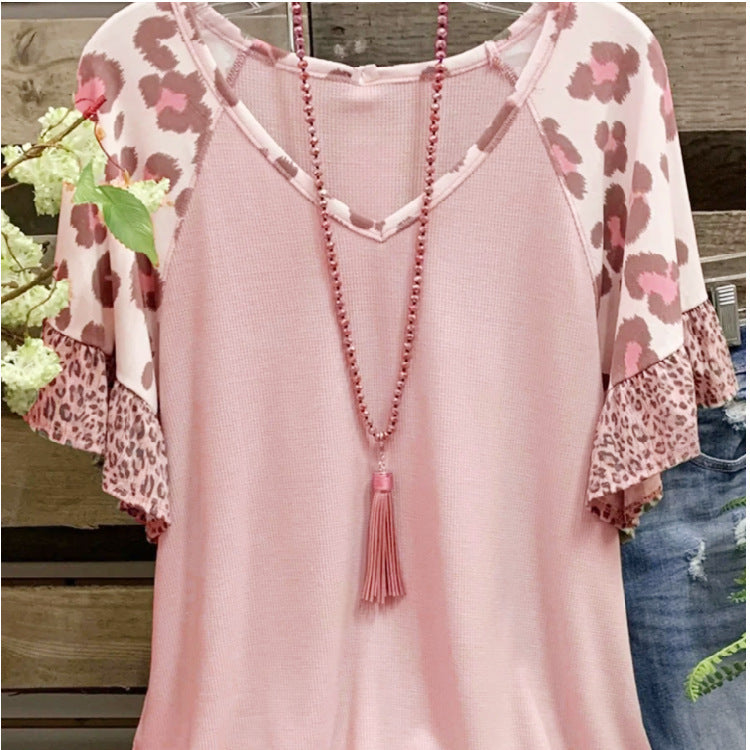Waffle V-neck Leopard Print Stitching Casual Half Sleeve T-shirt Top - Pink / S