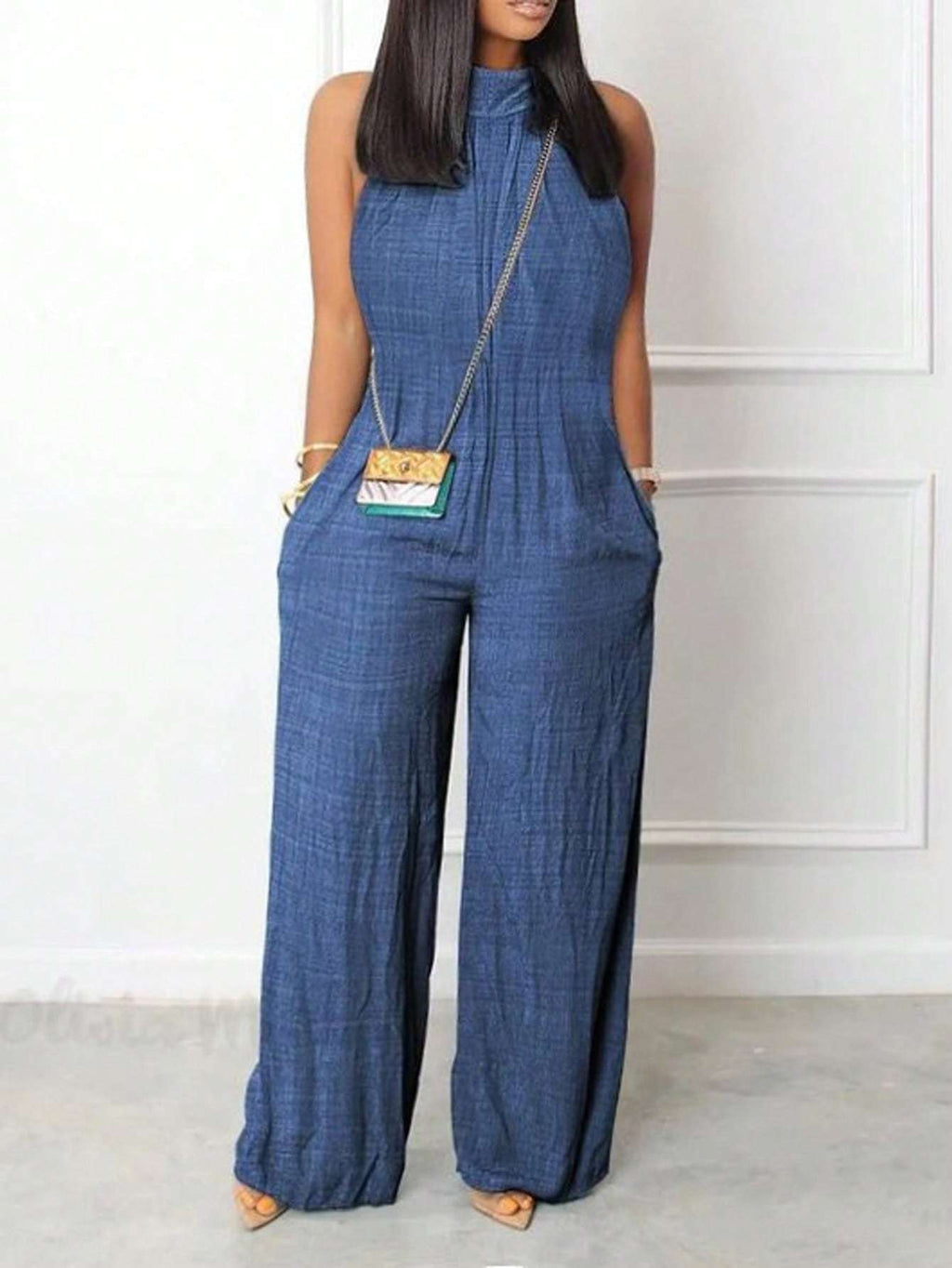 Sleeveless Halter Ruffled Young Women’s Jumpsuit - Blue / S - 4