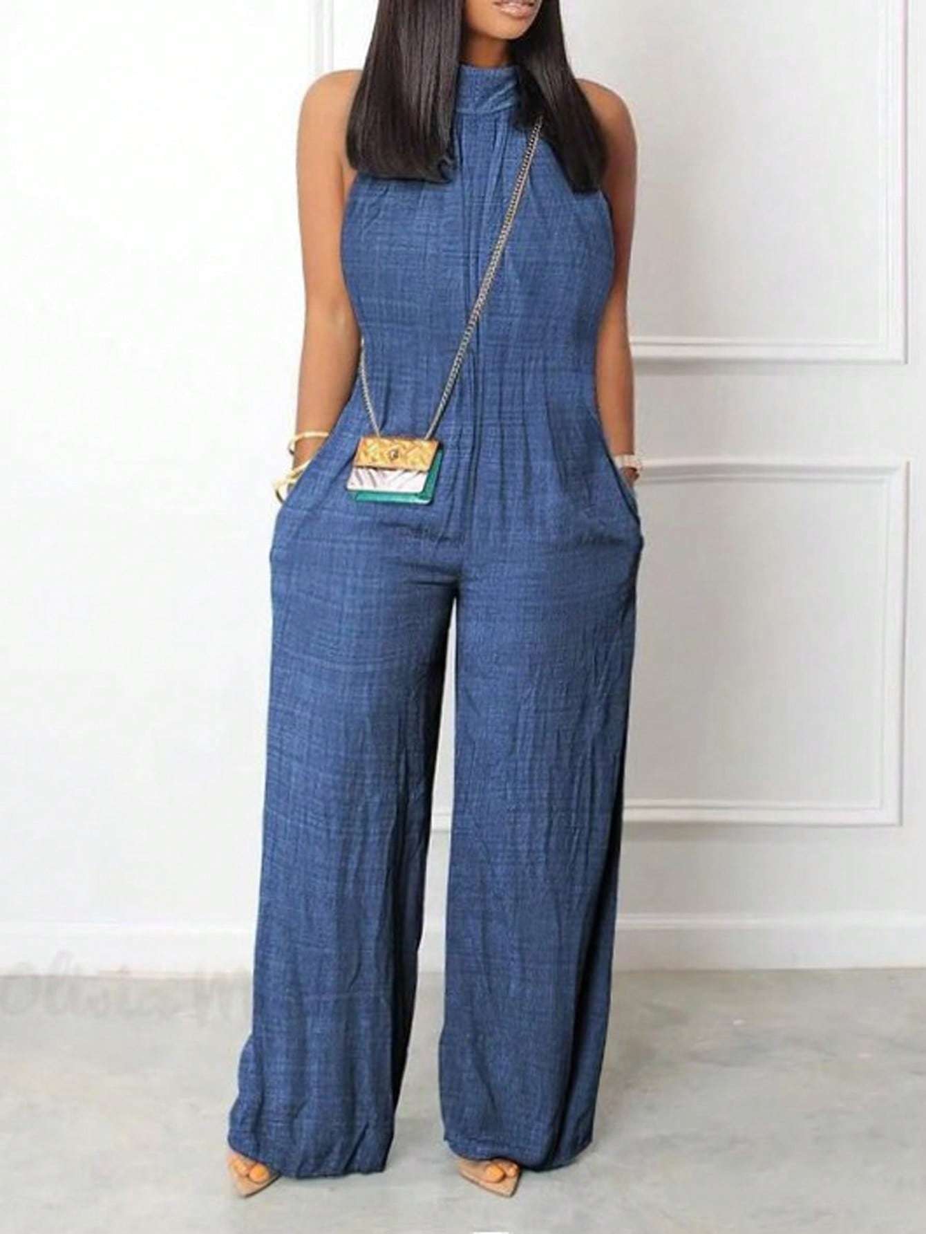 Sleeveless Halter Ruffled Young Women’s Jumpsuit - Blue / S - 4