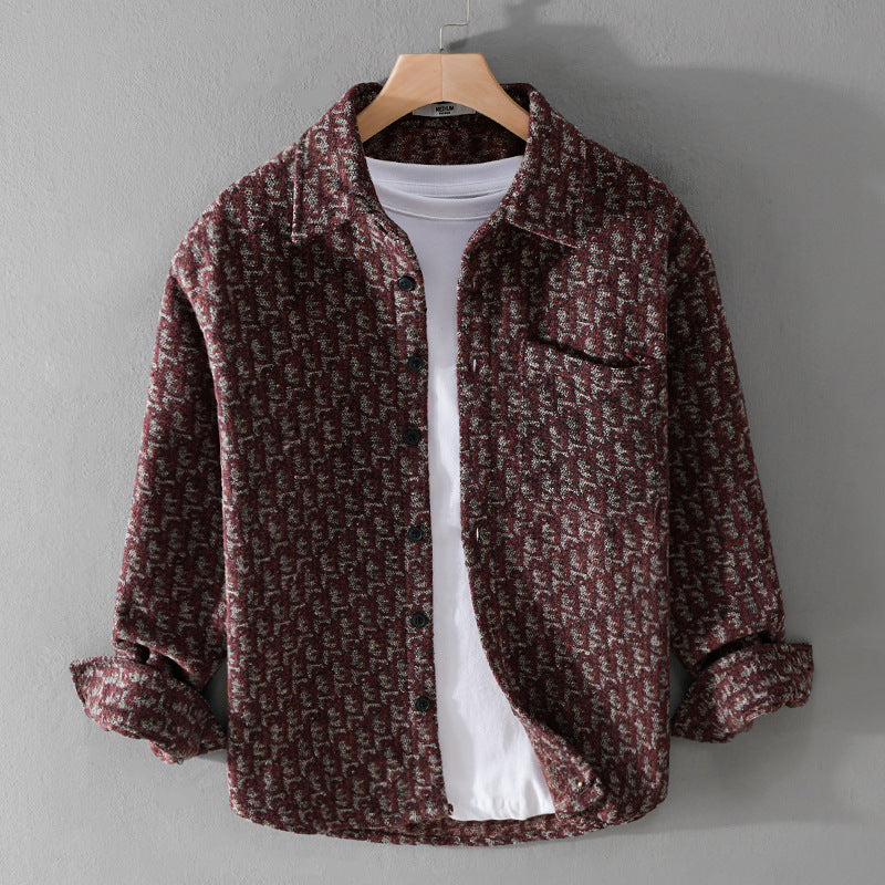 Men’s Brushed Thickened Long-sleeved Casual Loose Shirt Jacket - Wine Red / M