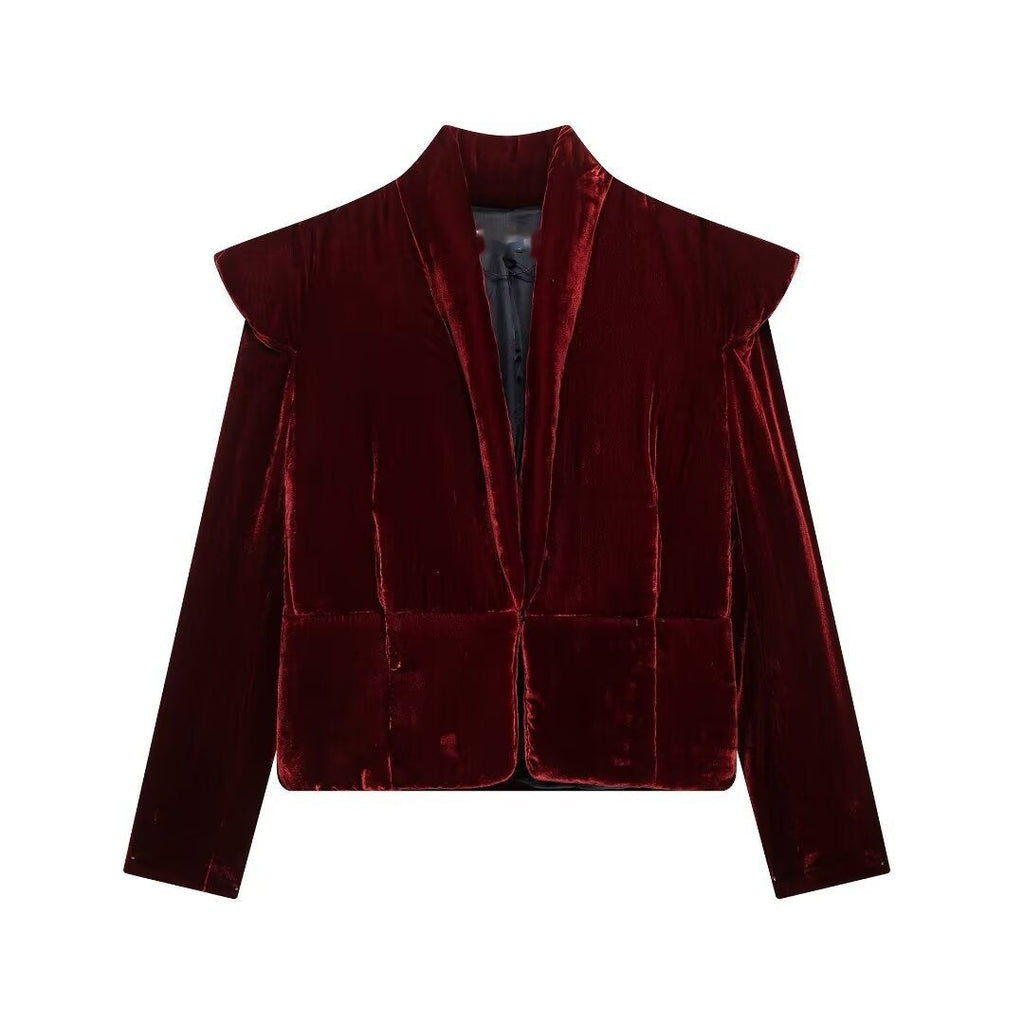 Polyester Women’s Autumn All-match Velvet Cotton Coat Jacket - Wine Red / XS
