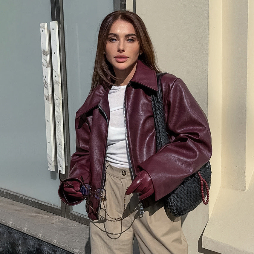 Retro Biker’s Style Wine Red European And American Handsome Matte Leather Jacket Coat