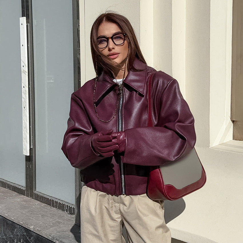 Retro Biker’s Style Wine Red European And American Handsome Matte Leather Jacket Coat