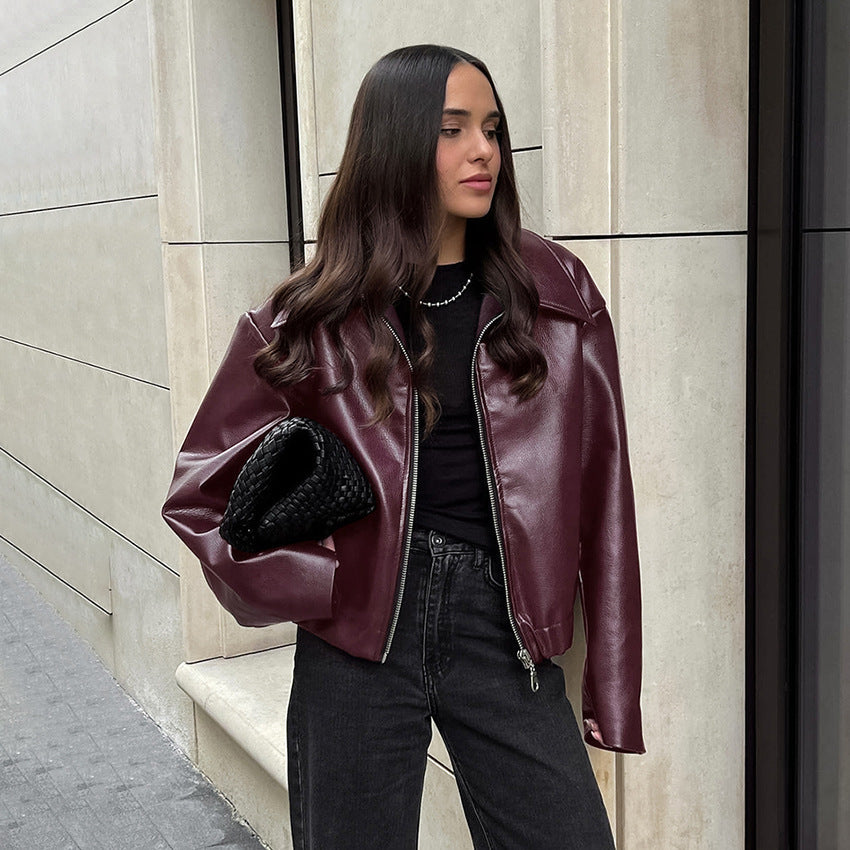Retro Biker’s Style Wine Red European And American Handsome Matte Leather Jacket Coat