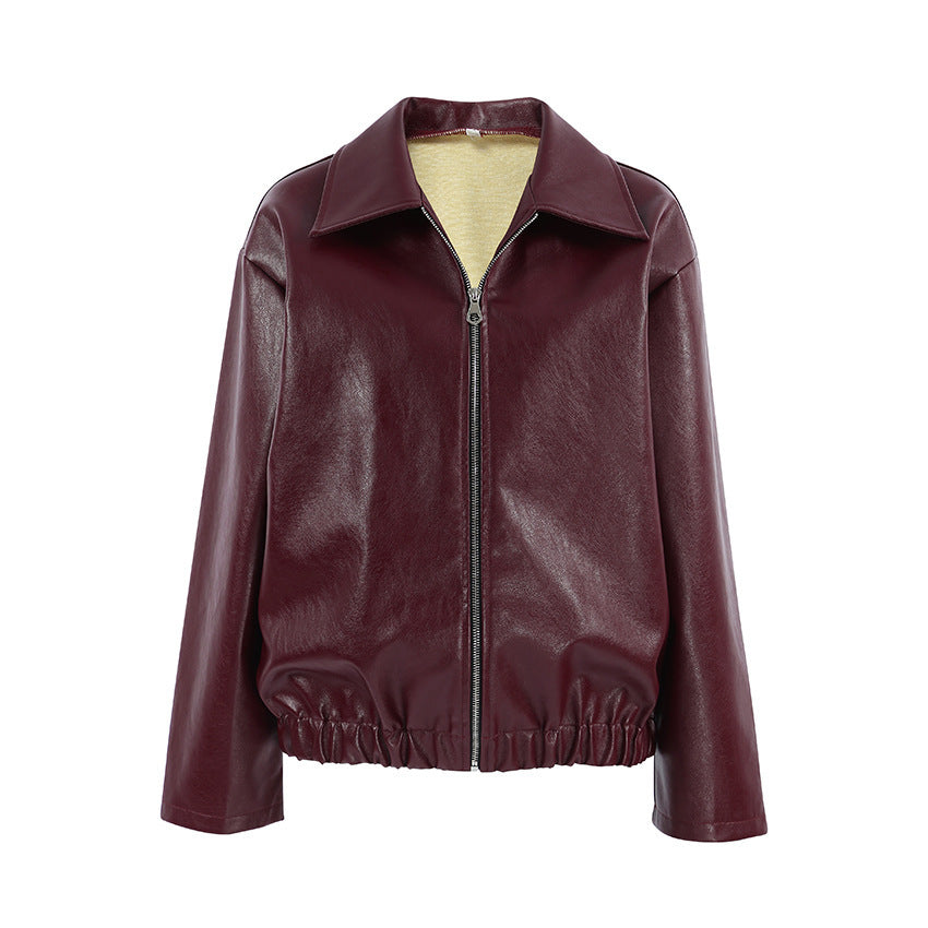 Retro Biker’s Style Wine Red European And American Handsome Matte Leather Jacket Coat
