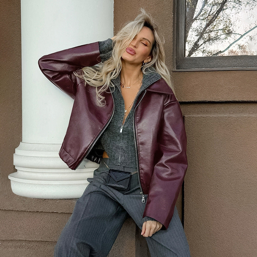 Retro Biker’s Style Wine Red European And American Handsome Matte Leather Jacket Coat - Wine Red / S