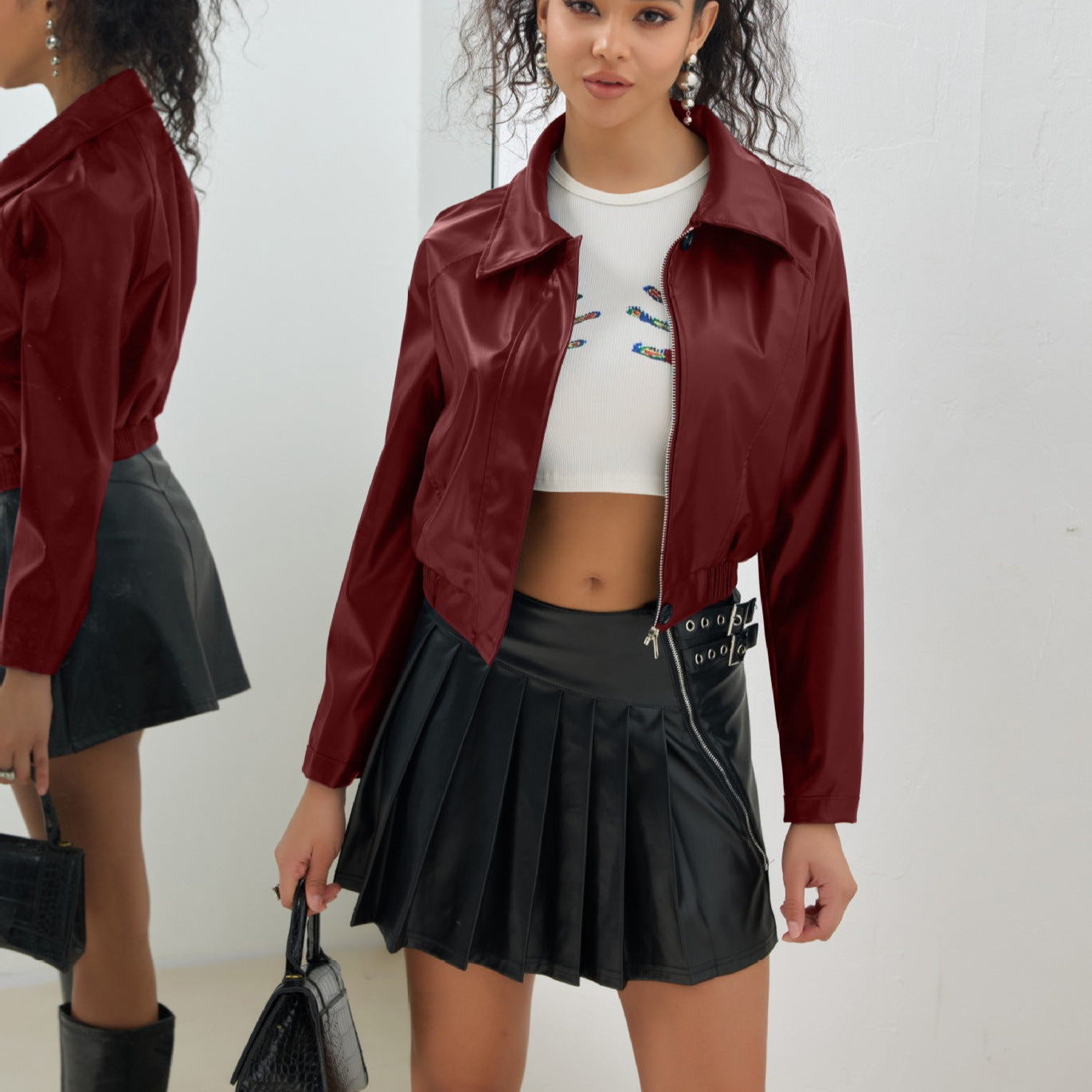 Leather Short Jacket Vintage Zipper American Casual Motorcycle - Wine Red / S