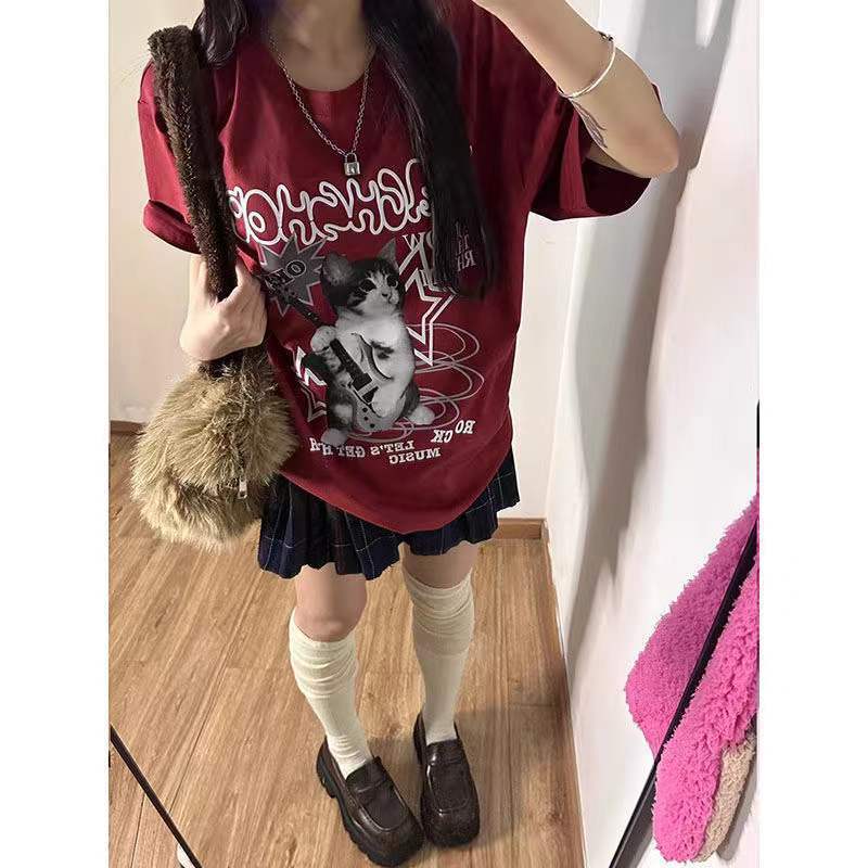 Pure Cotton Japanese Style Alphabet Wine Red Short Sleeve - Wine Red / S