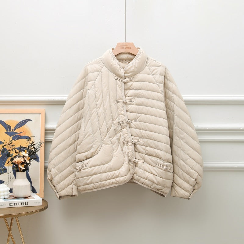 Autumn And Winter Ethnic Style Buckle White Duck Down Coat - Apricot / S
