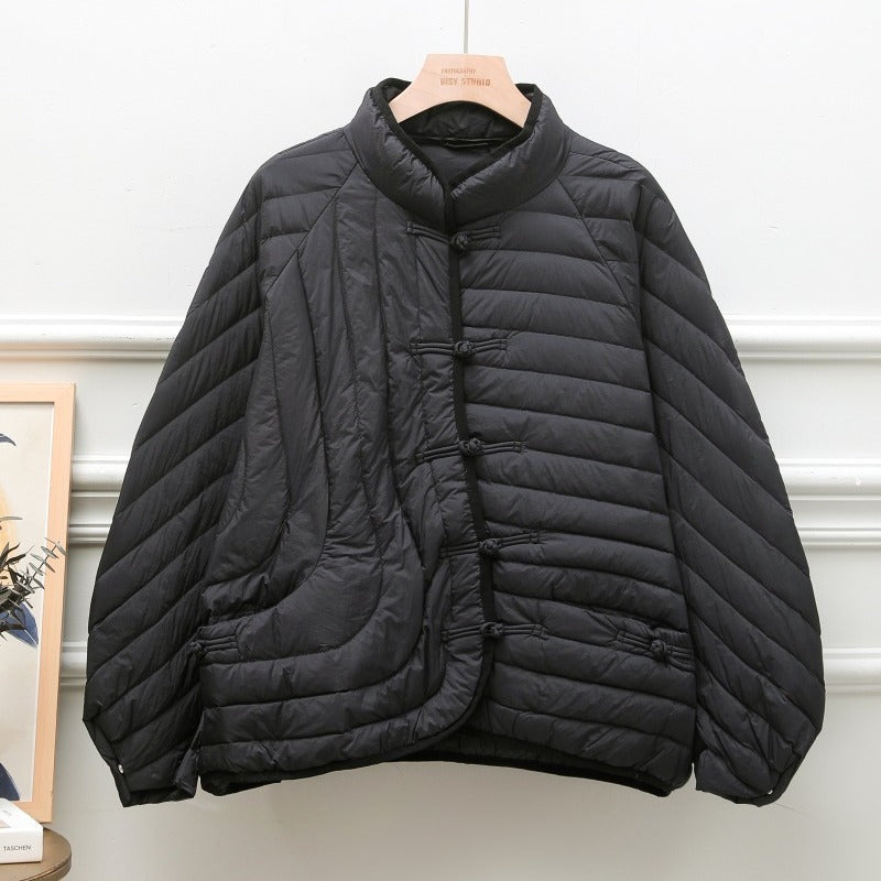 Autumn And Winter Ethnic Style Buckle White Duck Down Coat - Black / One Size