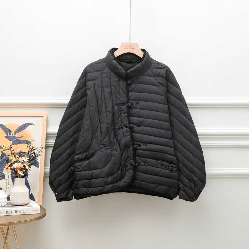 Autumn And Winter Ethnic Style Buckle White Duck Down Coat - Black / S