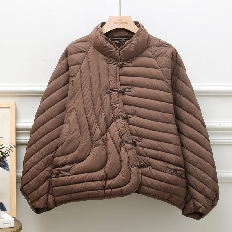 Autumn And Winter Ethnic Style Buckle White Duck Down Coat - Brown / One Size