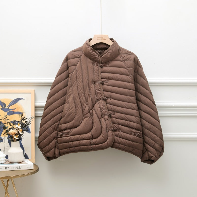 Autumn And Winter Ethnic Style Buckle White Duck Down Coat - Brown / S