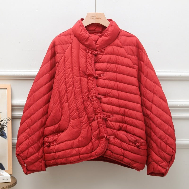 Autumn And Winter Ethnic Style Buckle White Duck Down Coat - Red / One Size