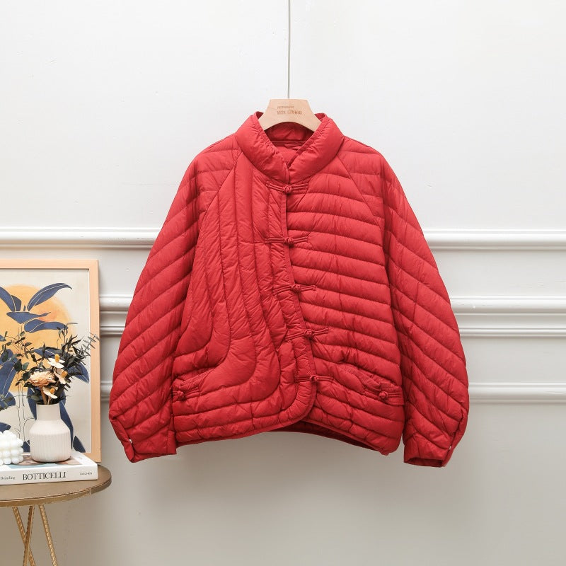 Autumn And Winter Ethnic Style Buckle White Duck Down Coat - Red / S