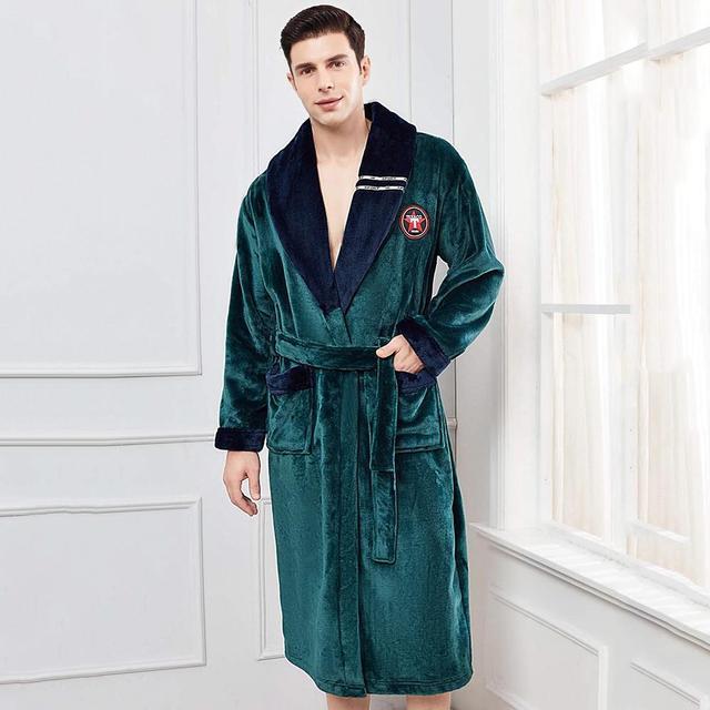 Winter Flannel Lovers Robe Gown Elegant Solid Casual Sleepwe - Men Green B6 / M