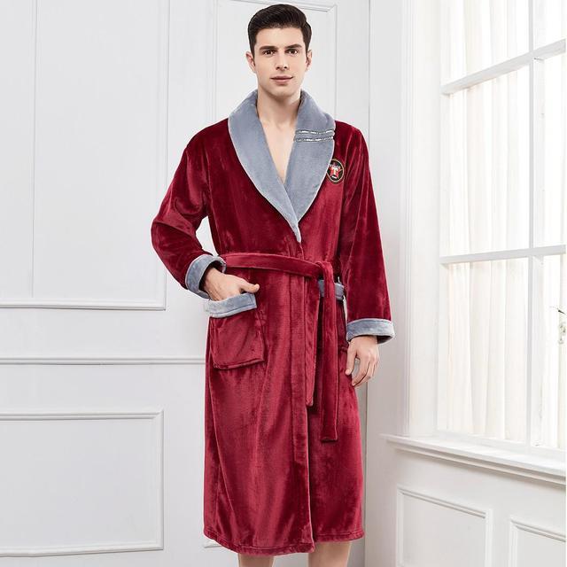 Winter Flannel Lovers Robe Gown Elegant Solid Casual Sleepwe - Men Burgundy B5 / M