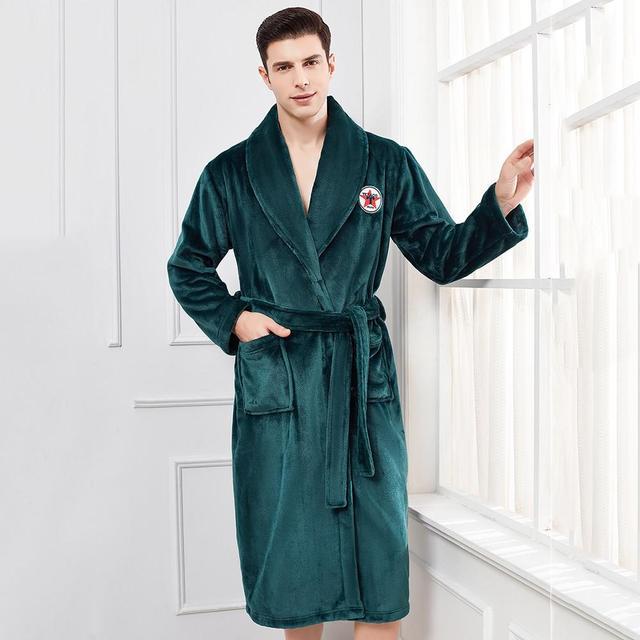 Winter Flannel Lovers Robe Gown Elegant Solid Casual Sleepwe - Men Green B3 / M
