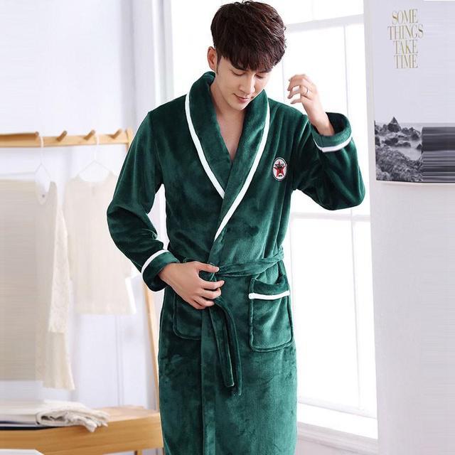 Winter Flannel Lovers Robe Gown Elegant Solid Casual Sleepwe - Men B1 / M