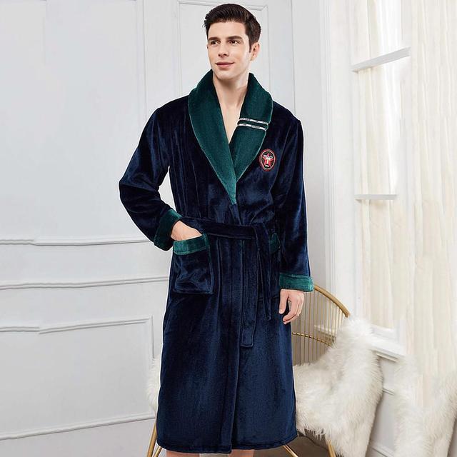 Winter Flannel Lovers Robe Gown Elegant Solid Casual Sleepwe - Men Navy Blue B4 / M