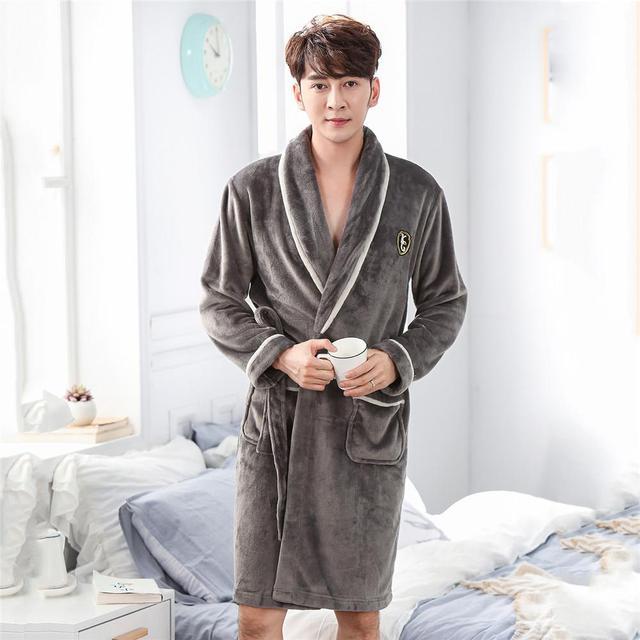 Winter Flannel Lovers Robe Gown Elegant Solid Casual Sleepwe - Men1 / M